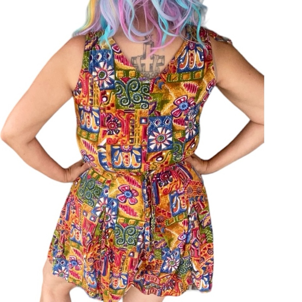 Vintage Colorful 90s Floral Jumpsuit Size XL Wide Leg Romper Abstract  Beach - Picture 6 of 8